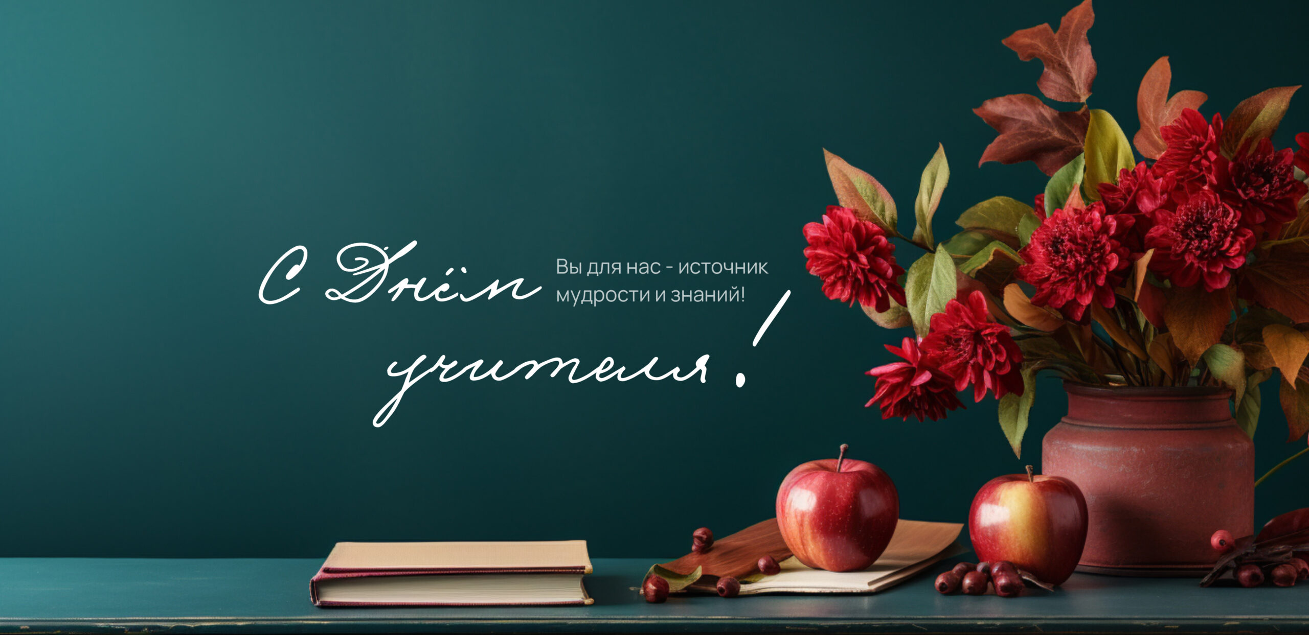 Поздравление с Днём учителя с яблоками и цветами от школы Источник.