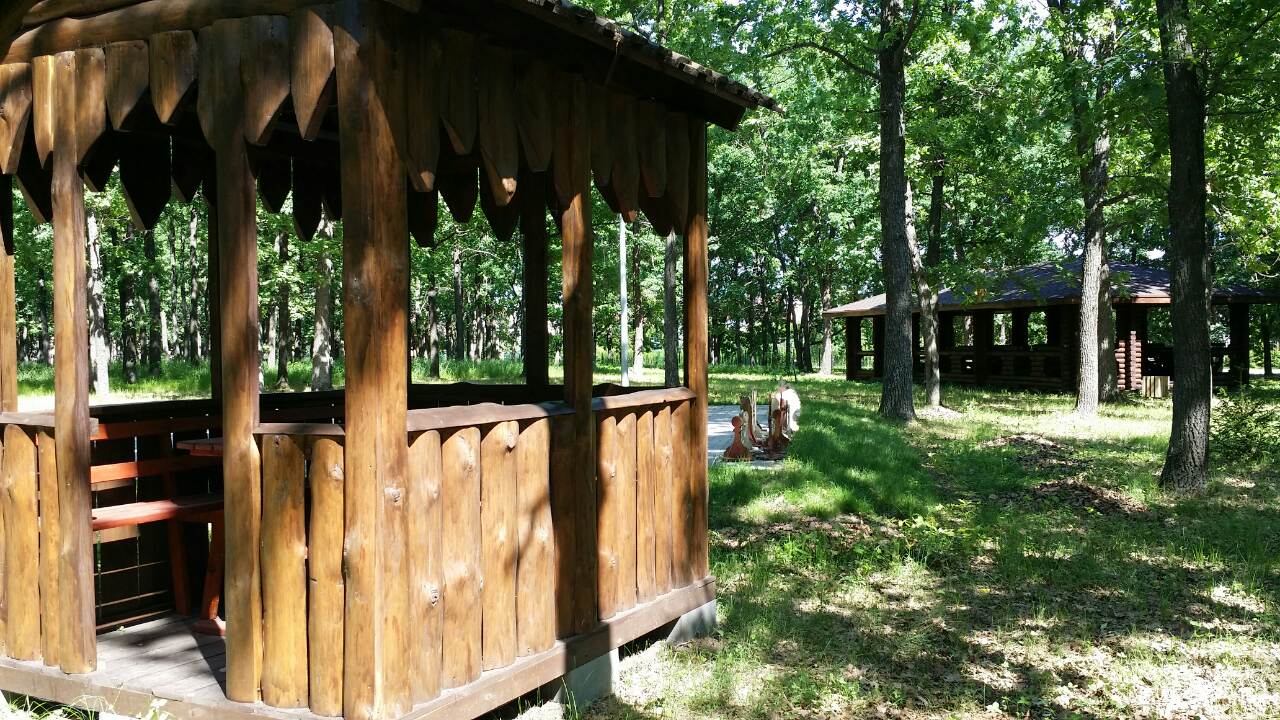 Wooden gazebo in forest park area of the camp for relaxation